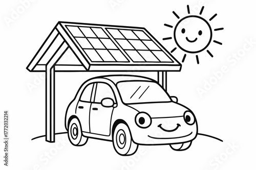 Solar Carport Coloring Fun. Solar carport children?s coloring book illustration, outlined drawing, a cheerful car parked under a solar roof while the sun