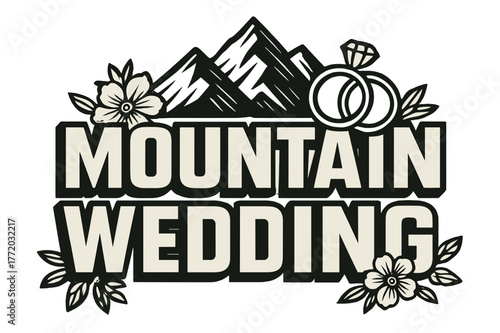 Mountain Wedding Art. Bold Block Lettering ? "Mountain Wedding" in massive bold geometric letters, stacked block composition, heavy outlines with subtle drop