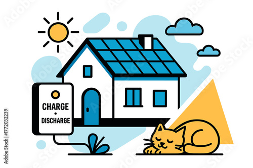 Solar Home Harmony. Home Battery & Solar Roof. A cozy house wears neat PV shingles; a wall battery glows with ?Charge ? Discharge.? A pet naps under a sunbeam