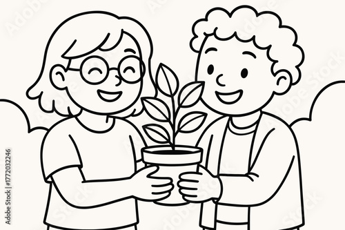 Friendly Plant Sharing. Queer platonic partnership children?s coloring book illustration, outlined drawing, two friends sharing a plant and smiling,