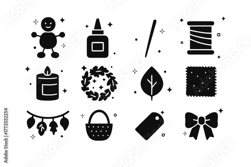 Chestnut Craft Icons. Chestnut Crafts and Decor. Solid icons set of Chestnut Crafts and Decor: chestnut figure, glue bottle, toothpick, string, candle jar,