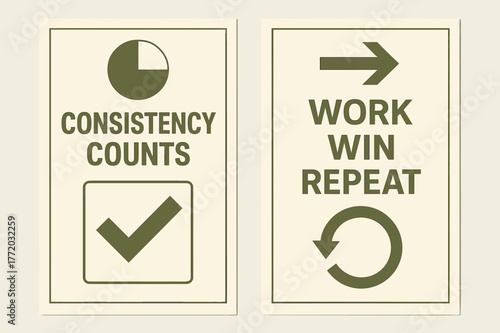 Geometric Olive Banners. Consistency counts. Two vertical A6 banners with safe margins, centered composition, no elements touching edges, geometric, olive