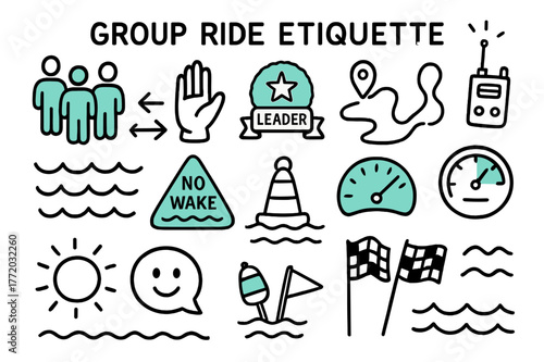 Group Ride Icons. // Group ride etiquette. Hand-drawn doodle illustration Group ride etiquette [formation icons (accented), hand signal (accented), distance