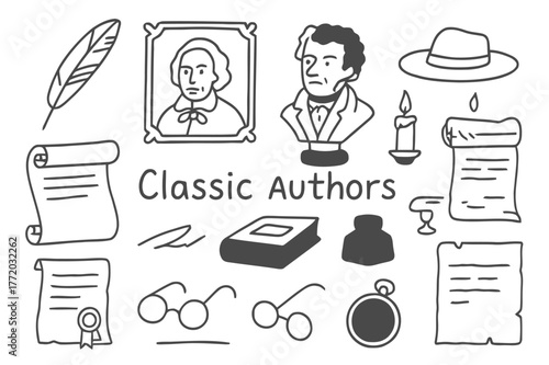 Classic Authors Doodle. Classic authors. Hand-drawn doodle illustration classic authors quill, scroll, old book, ink bottle, candle, glasses, portrait frame,