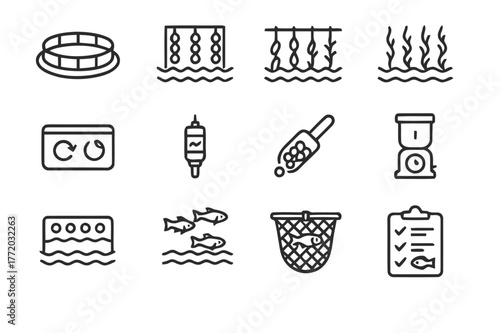 Sustainable Aquaculture Icons. Sustainable Aquaculture. Line icon set of Sustainable Aquaculture: fish farm pen, oyster rack, mussel longline, seaweed rope,