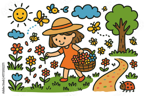 Flower Picking Adventures. flower picking. Colorful Hand-drawn doodle Children illustration flower picking girl, basket, flowers, grass, sun, butterfly, tree,