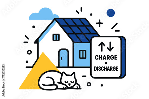 Solar Home Harmony. Home Battery & Solar Roof. A cozy house wears neat PV shingles; a wall battery glows with ?Charge ? Discharge.? A pet naps under a sunbeam