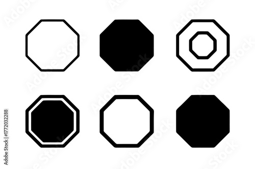 Stop Sign Variations. Traffic Rule Infographic. Set Logo of Stop Sign Icon: Minimal outline, Filled silhouette, Abstract geometric, Negative space, Flat solid,