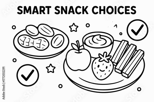 Healthy Snack Choices. Smart snack choices children?s coloring book illustration, outlined drawing, two small plates showing nuts, yogurt, fruit, and veggie
