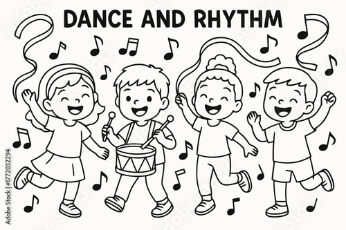 Dancing Kids Coloring Page. Dance and rhythm children?s coloring book illustration, outlined drawing, a group of smiling children dancing with music notes,