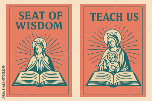Retro Wisdom Banners. Seat of Wisdom. Two vertical A6 banners with safe margins, centered composition, no elements touching edges, retro, coral and teal, open