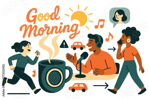 Morning Radio Vibes. Morning drive show. Steam rises from a coffee cup shaped like a speaker; ?Good Morning? curls through sunny notes. Traffic icons drift by