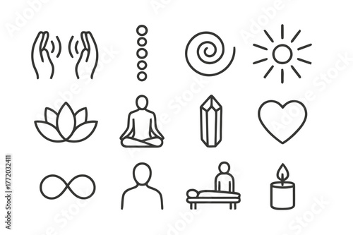Reiki Healing Icons. Reiki and energy healing. Line icon set of reiki and energy healing: hands with aura, chakra column, energy spiral, light rays, lotus,