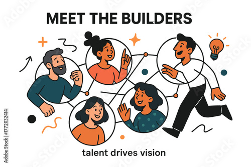 Dynamic Team Introduction. Pitch Deck ? Team Introduction. Portrait circles line up under a heading ?Meet the Builders?; connecting lines form a collaborative