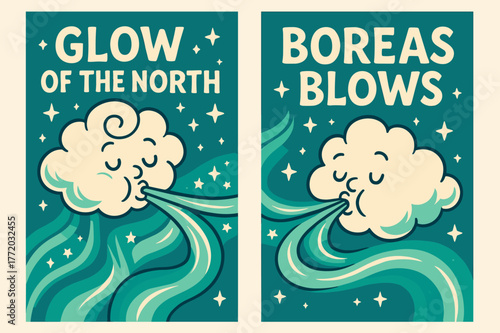 Aurora Boreas Banners. Aurora Night. Two vertical A6 banners with safe margins, centered composition, no elements touching edges, cartoon, teal and cream,