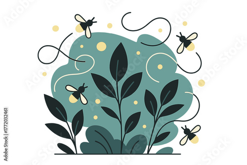 Fireflies' Dance at Dusk. Fireflies at Dusk. Tiny glowing dots drift around silhouetted leaves; soft lines trace their random dance paths. The air seems alive