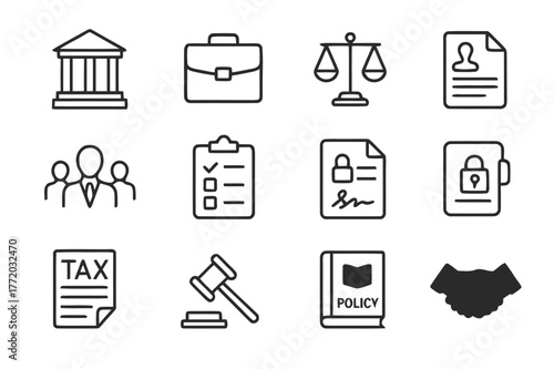 Corporate Law Icon Set. Corporate Law. Line icon set of Corporate Law: building silhouette, briefcase, balance scale, business contract, legal team, compliance