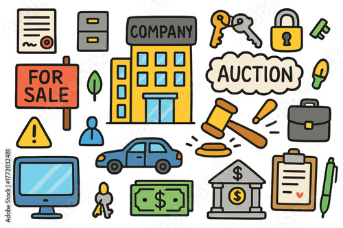 Company Auction Icons. company auction. Colorful Hand-drawn doodle Children illustration company auction office building, "For Sale" sign, auction hammer,