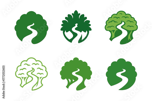 Amazon Rainforest Logos. Amazon rainforest. Set Logo of Amazon rainforest: winding river through canopy. harmonious logo variations of the same emblematic