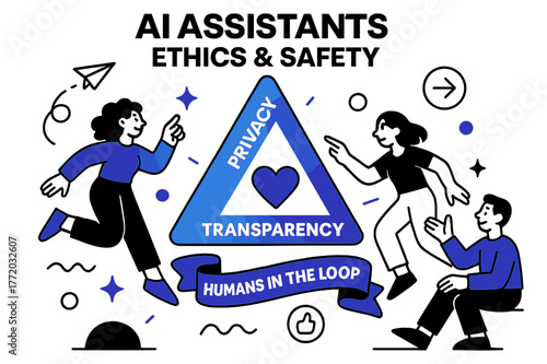 AI Ethics Triangle. AI Assistants ? Ethics & Safety. A bright triangle of ?privacy, fairness, transparency? rotates around a core heart icon. Ribbon text reads