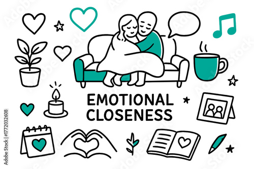 Emotional Closeness Icons. Emotional closeness. Hand-drawn doodle illustration emotional closeness heart duo (accented), hugging figures (accented), warm