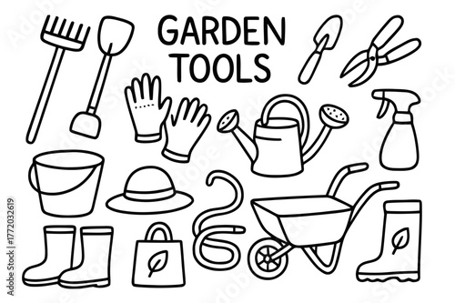 Garden Tools Doodle. Garden tools. Hand-drawn doodle illustration garden tools rake, shovel, trowel, pruning shears, gloves, watering can, bucket, spade, spray