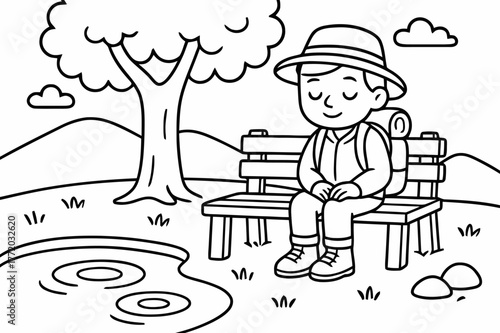 Traveler's Calm Moment. Peaceful reflection stop children?s coloring book illustration, outlined drawing, a traveler sitting calmly on a bench under a tree