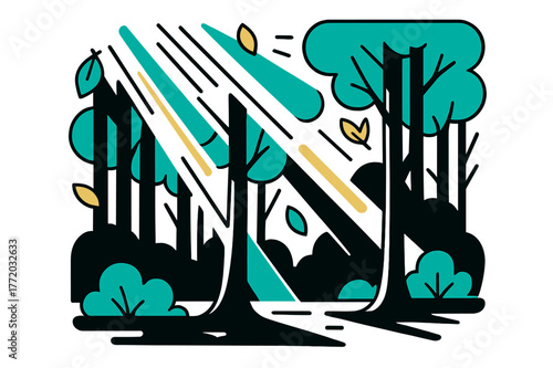 Geometric Forest Tranquility. Silent Forest. Sunlight filtering through dense forest with floating abstract geometric light rays and leaves, peaceful and