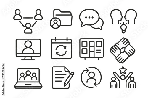 Collaboration Icons Set. Collaboration. Line icon set of Collaboration: people connecting lines, shared folder, chat bubble, brainstorming, video call,