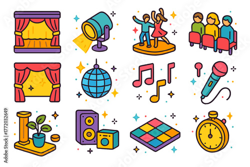 Dance Recital Icons. Dance recital. Colorful isometric vector icons set of dance recital: stage, spotlight, dancers, audience, curtains, disco ball, music