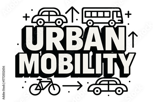 Urban Mobility Typography. Bold Block Lettering ? "Urban Mobility" in massive bold geometric letters, stacked block composition, heavy outlines with subtle