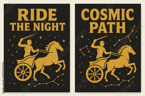 Nocturnal Chariot Banners. Nocturnal Chariot. Two vertical A6 banners with safe margins, centered composition, no elements touching edges, bold, charcoal and