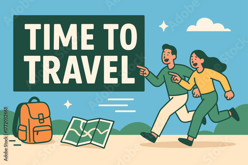 Adventure Awaits Banner. Let's discover banner, flat vector illustration, bold oversized text inside rectangular frame, cartoon characters running