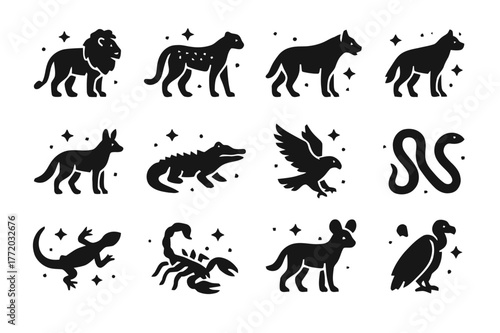Savanna Predator Icons. Predators of the Savanna. Solid icons set of Predators of the Savanna: lion, cheetah, leopard, hyena, jackal, crocodile, eagle, snake,