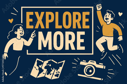 Explore More Banner. Explore more banner, flat vector illustration, bold oversized text inside rectangular frame, cartoon characters pointing and jumping, map