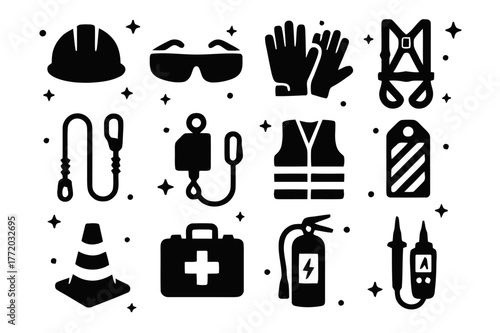 Solar Safety Icons. Solar safety and PPE. Solid icons set of Solar safety and PPE: hard hat, safety glasses, work gloves, full-body harness, lanyard, fall