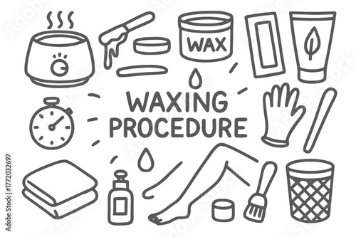 Waxing Procedure Icons. Waxing procedure. Hand-drawn doodle illustration Waxing procedure wax warmer, stick applicator, wax jar, strip, towel, leg icon,