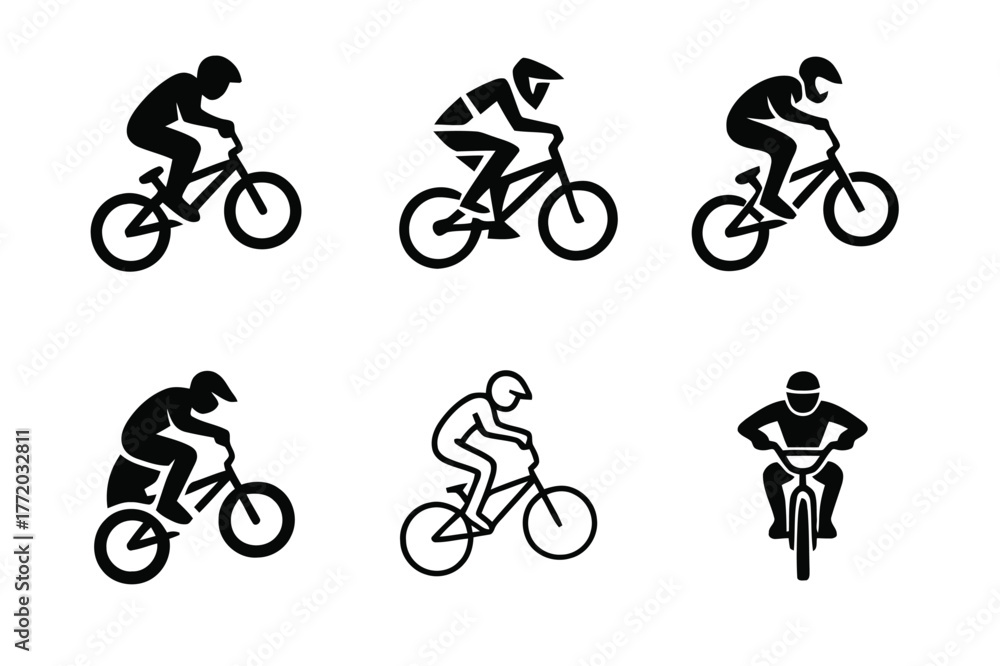 Fototapeta premium BMX Logo Variations. BMX riding. Set Logo of BMX riding: biker performing jump trick. harmonious logo variations of the same emblematic concept, each with