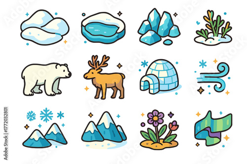 Tundra Icons Set. Tundra landscape. Colorful isometric vector icons set of tundra landscape: snow-covered hills, frozen lake, icy rocks, polar bear, reindeer,