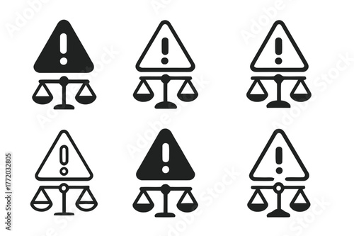 Legal Risk Logos. Legal liability risk. Set Logo of Legal liability risk: scales tipping with exclamation. harmonious logo variations of the same emblematic