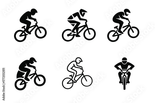 BMX Logo Variations. BMX riding. Set Logo of BMX riding: biker performing jump trick. harmonious logo variations of the same emblematic concept, each with
