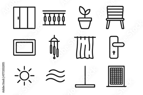 Balcony Icon Collection. Balcony and Terrace. Line icon set of Balcony and Terrace: sliding door open, railings, potted plant, outdoor chair, doormat, wind