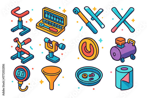 Colorful Workshop Tools Icons. Pit tools and workshop. Colorful isometric vector icons set of Pit tools and workshop: bike stand, socket set, torque wrench,