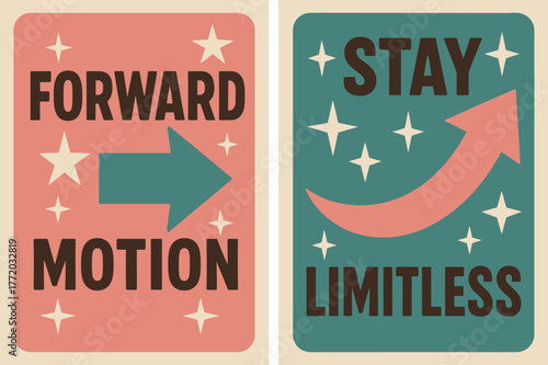 Retro Banners Display. Forward motion. Two vertical A6 banners with safe margins, centered composition, no elements touching edges, retro, pink and teal,