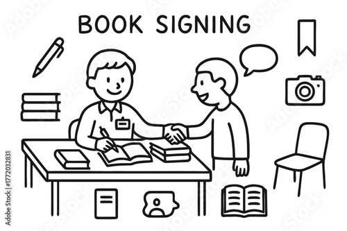 Book Signing Doodles. Book signing. Hand-drawn doodle illustration book signing author, table, pen, stack of books, autograph, smile face, bookmark, name tag,