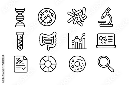Microbiome Icon Set. Microbiome mapping. Line icon set of microbiome mapping: dna strand, genome map, bacteria cluster, microscope, sample tube, gut outline,