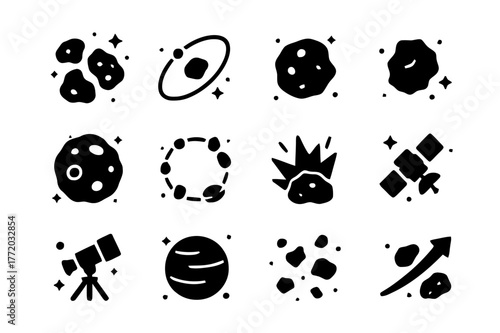Asteroid Icons Collection. Asteroids and space rocks. Solid icons set of Asteroids and space rocks: asteroid cluster, orbit line, cratered rock,