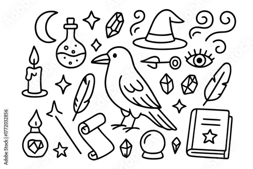 Mystical Raven Icons. Raven and magic. Hand-drawn doodle illustration Raven and magic potion bottle, spell book, candle, wand, crystal ball, feather, scroll,
