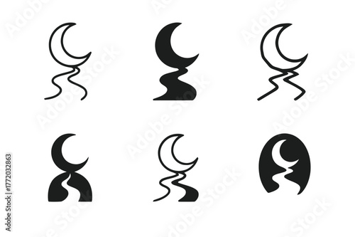 Moonlit Path Logos. Moonlit path. Set Logo of Moonlit path: crescent moon illuminating track. harmonious logo variations of the same emblematic concept, each