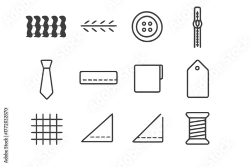 Textile Icon Grid. Textile details. Line icon set of textile details: stitch pattern, seam, button, zipper, tie, hem, label, tag, weave texture, fold, corner